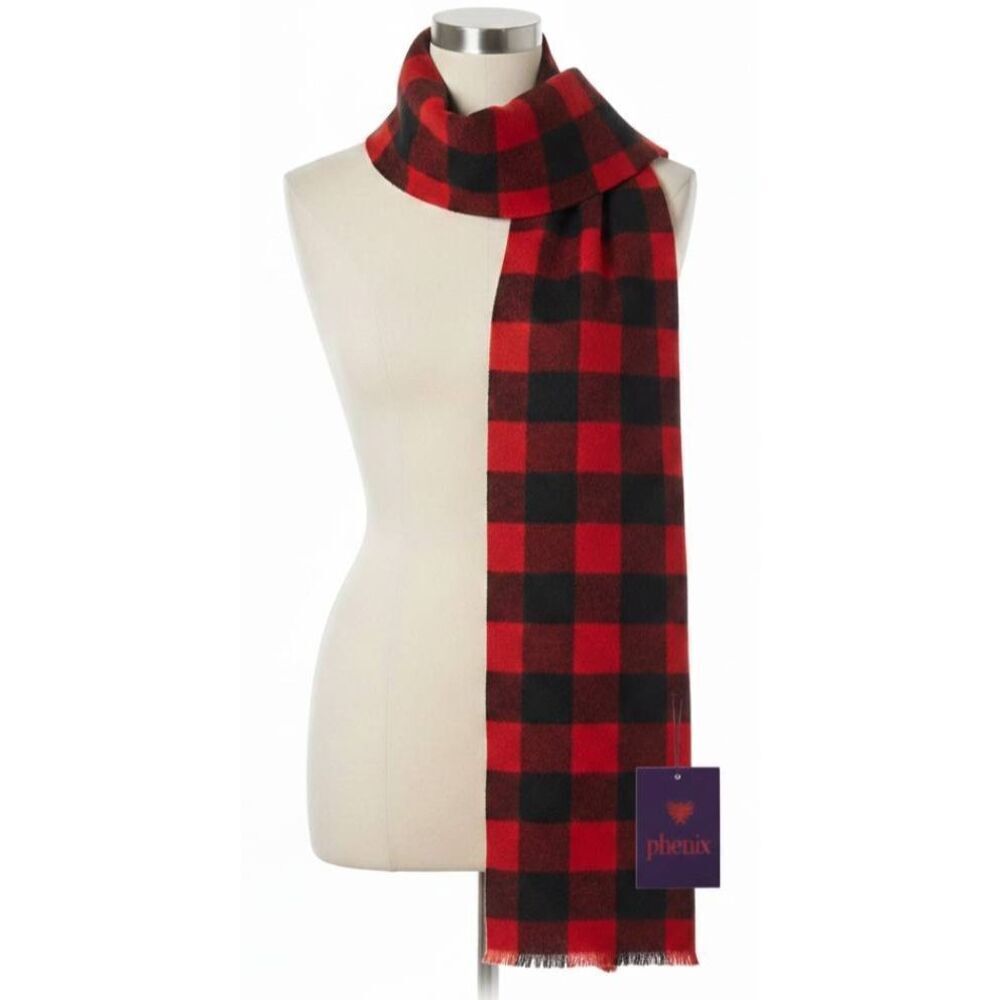 Womens long wool scarf wrap red black buffalo plaid phoenix